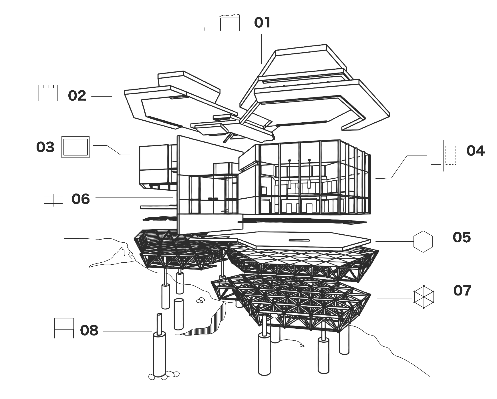 Exploded anatomy axonometric